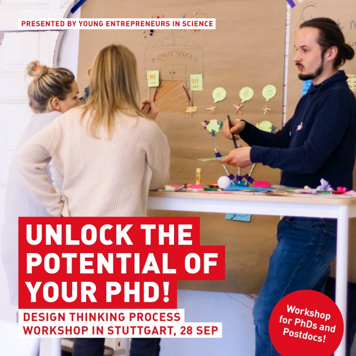 Picture of three people in a workshop, standing in front of a brownpaper board and talking. Text on the picture: "Unlock the potential of your PhD! Design Thinking Process Workshop in Stuttgart, 28 Sep, Young Entrepreneurs in Science."