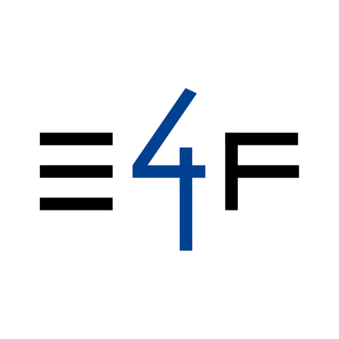 Logo des Projekts Elements4Founding, schwarze und blaue Schrift auf weißem Hintergrund, welche die Abkürzung "E4F" darstellt.