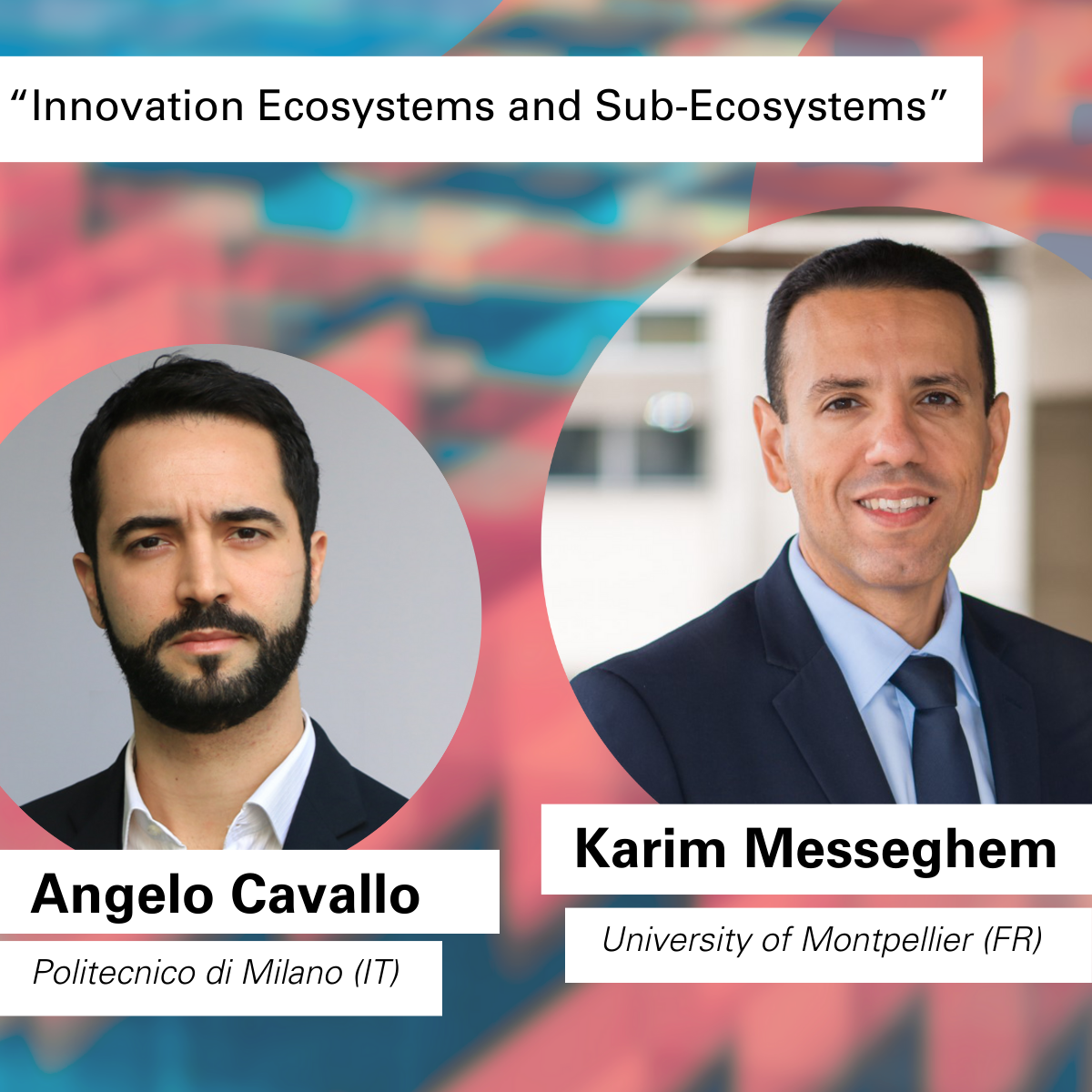 On the Topic "Innovation Ecosystems and Sub-Ecosystems", we welcome Karim Messeghem (University of Montpellier, FR) and Angelo Cavallo (Poliecnico di Milano, IT).
